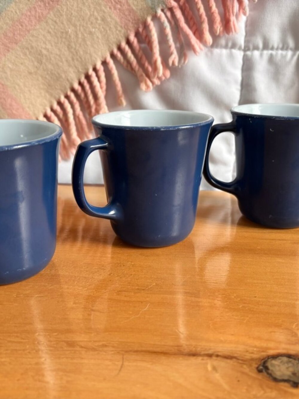 Set of 3 Vintage Pyrex slate blue milk glass mugs with a white interior.